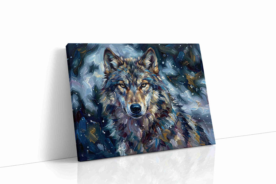 Lupine Reverie in Moonlit Brushstrokes wolf canvas print, gallery-wrapped, ready to hang