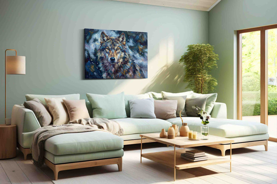 Lupine Reverie in Moonlit Brushstrokes wolf canvas print shown in a wall scene