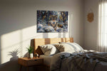 Solitude of the Winter Guardian wolf canvas print, displayed in a bedroom