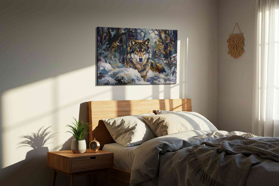 Solitude of the Winter Guardian wolf canvas print, displayed in a bedroom