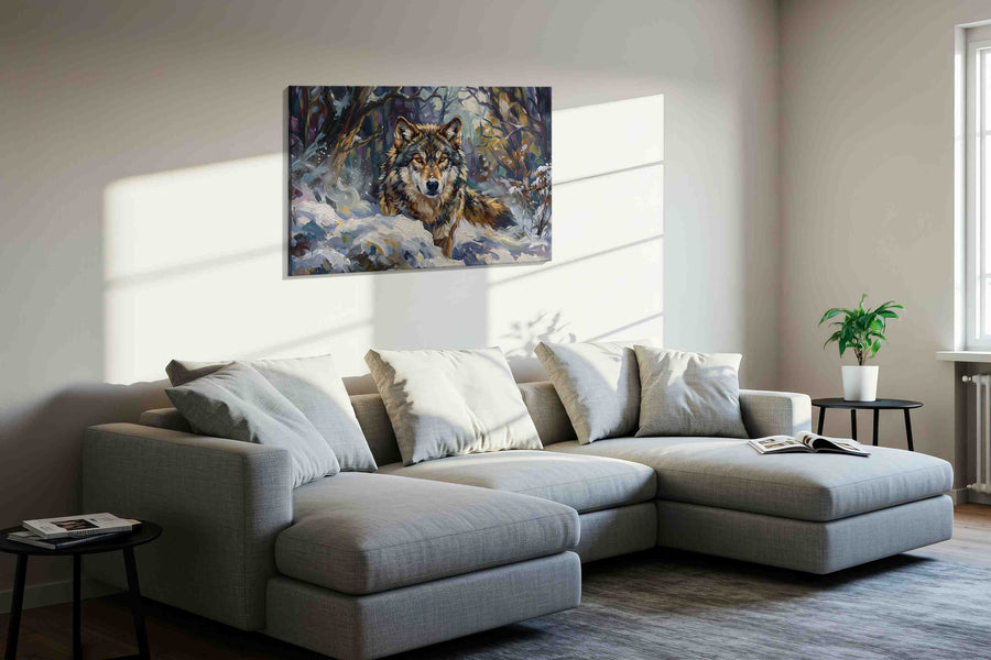 Solitude of the Winter Guardian wolf canvas print, displayed in a living room
