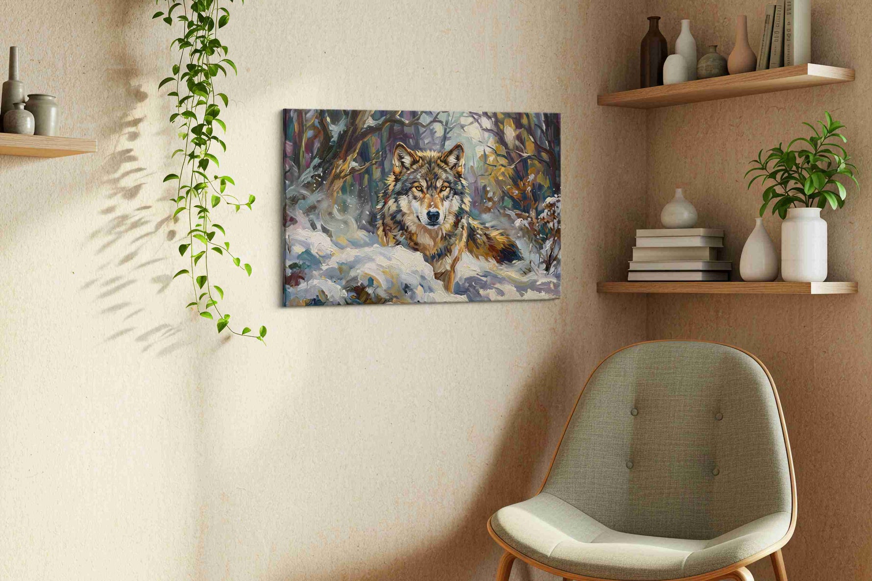 Solitude of the Winter Guardian wolf canvas print, hanging on wall — view 3