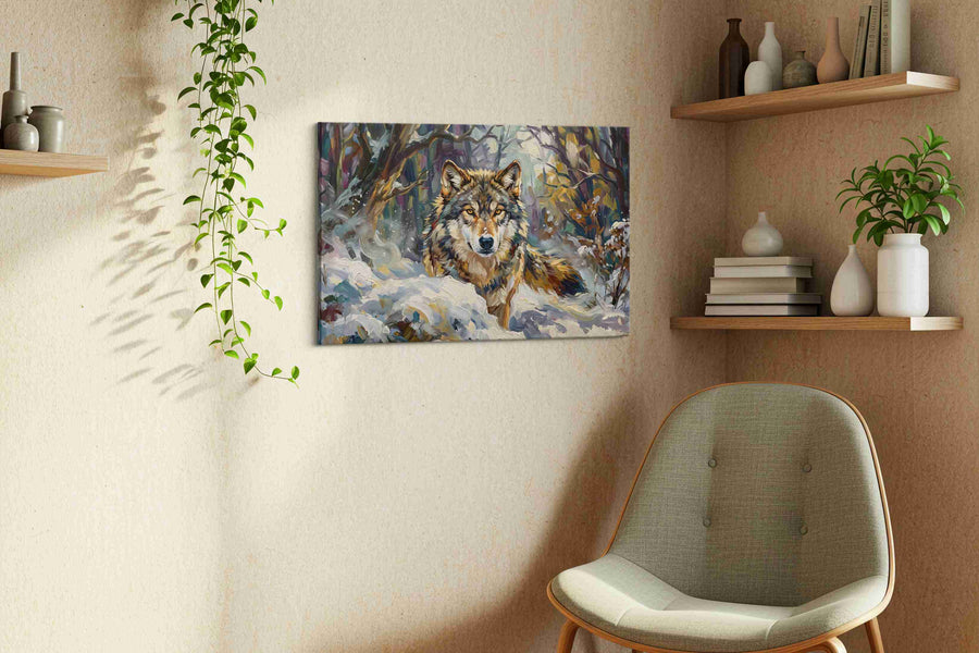 Solitude of the Winter Guardian wolf canvas print, hanging on wall — view 3