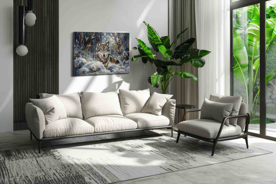Solitude of the Winter Guardian wolf canvas print in a hung canvas mockup