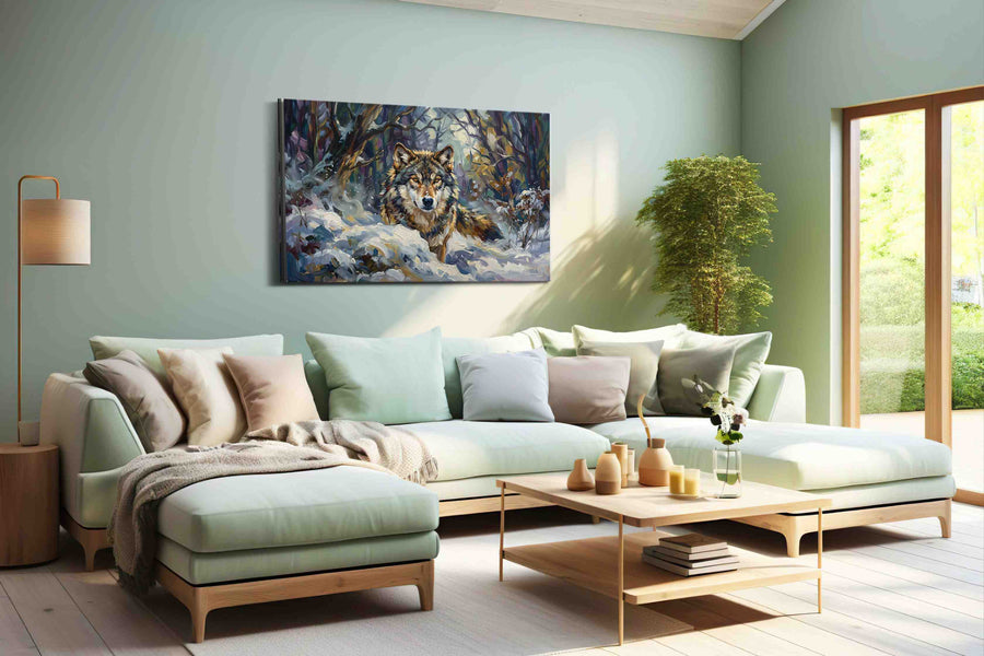 Solitude of the Winter Guardian wolf canvas print, hanging on wall