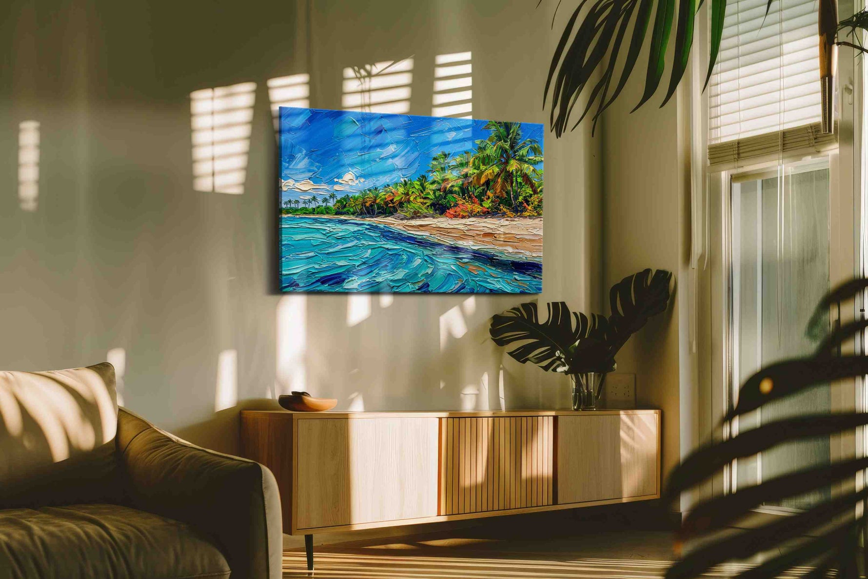 Azure Palms Reverie beach canvas print in a contemporary interior mockup