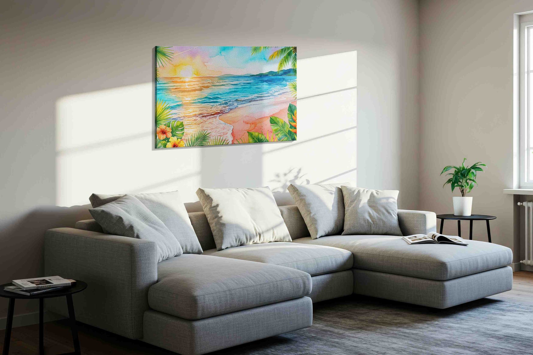 Coral Dawn Reverie beach canvas print in a living room scene