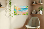 Coral Dawn Reverie beach canvas print, displayed in a living room