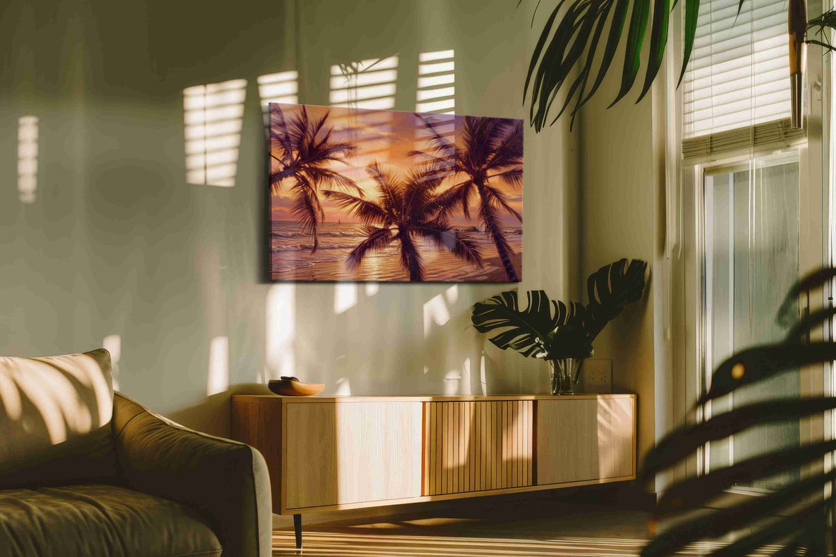 Ember Palms at Dusk beach canvas print, on wall, lifestyle preview