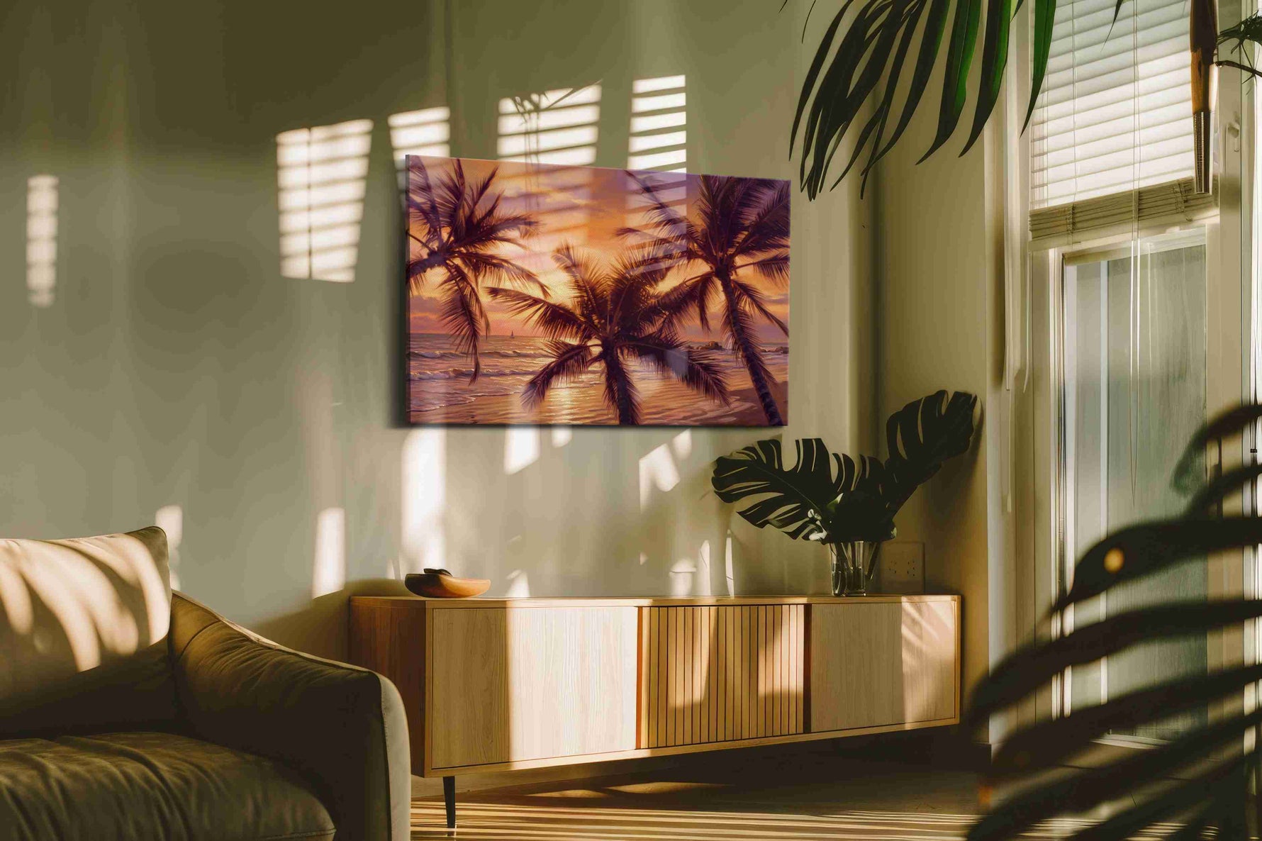 Ember Palms at Dusk beach canvas print, on wall, lifestyle preview