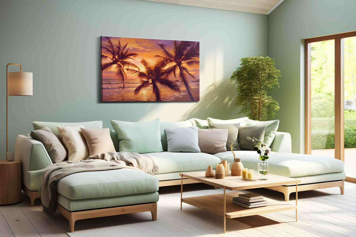 Ember Palms at Dusk beach canvas print, hanging on wall