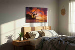 Ember Palms at Dusk II beach canvas print, displayed in a bedroom