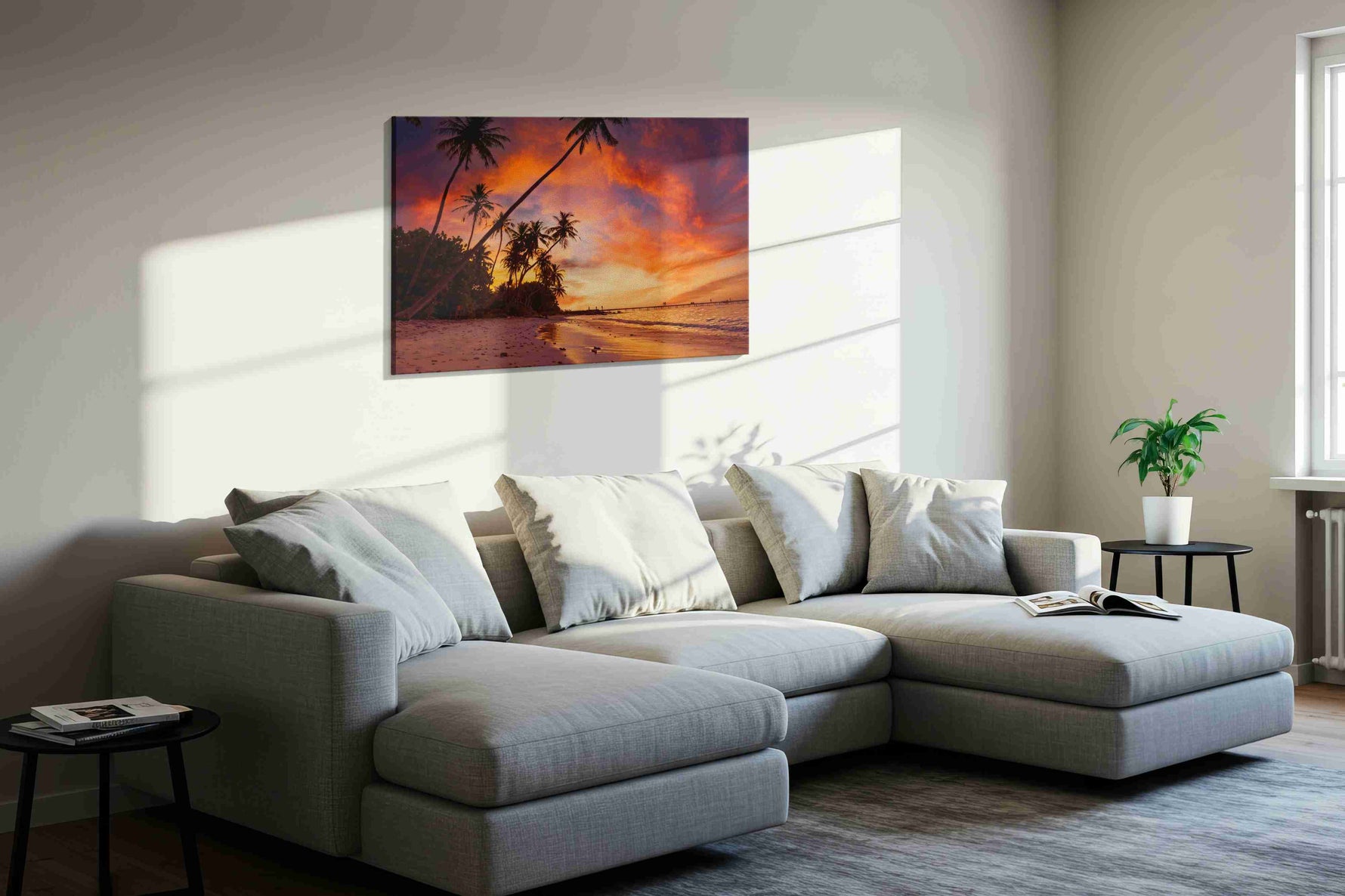 Ember Palms at Dusk II beach canvas print in a living room scene