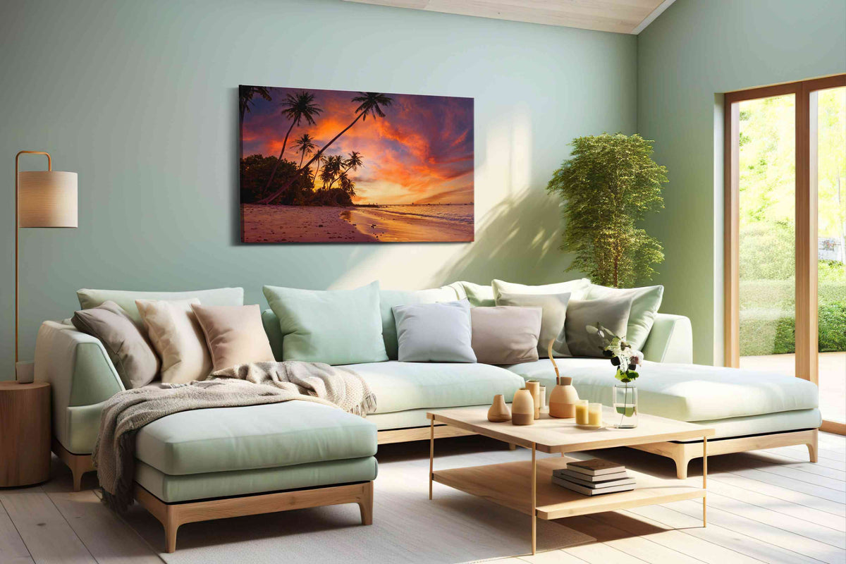 Ember Palms at Dusk II beach canvas print, hanging on wall