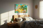 Golden Tide Through Palms beach canvas print, displayed in a bedroom