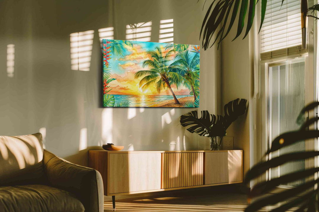 Golden Tide Through Palms - Beach Wall Art, Coastal Canvas Print, Tropical Decor