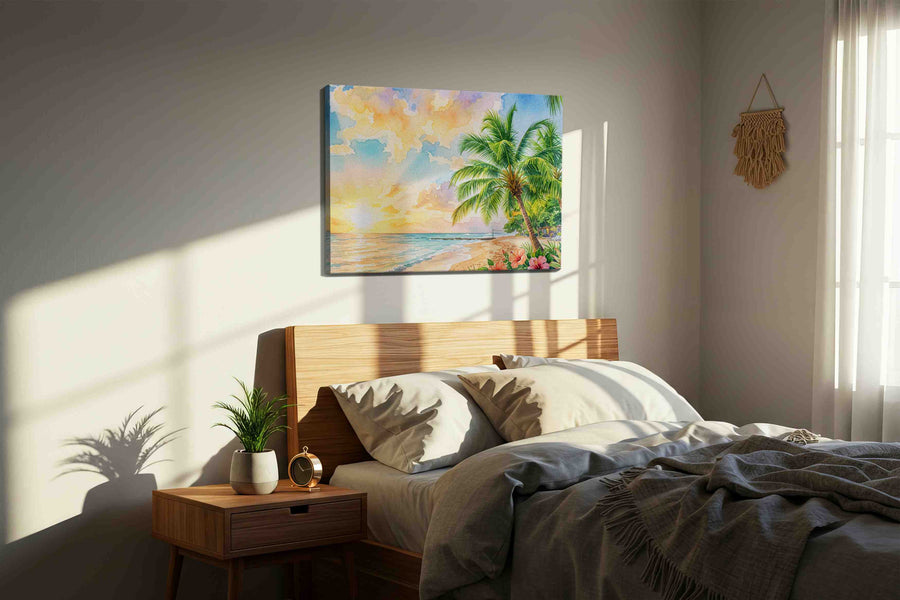 Hibiscus Tide Reverie beach canvas print, displayed in a bedroom