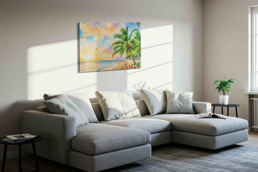 Hibiscus Tide Reverie beach canvas print, displayed in a living room