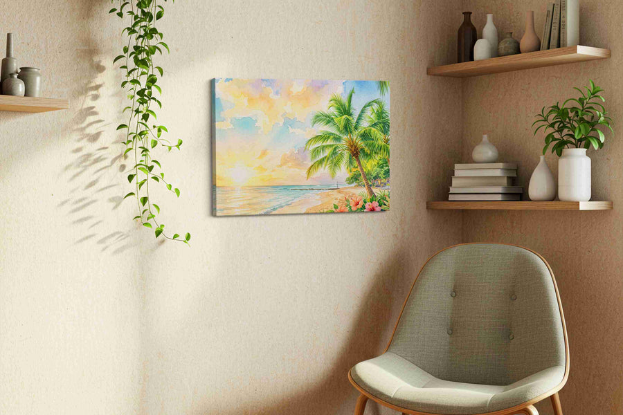 Hibiscus Tide Reverie beach canvas print styled in a living room