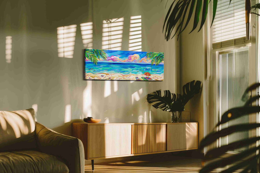 Palm-Framed Candy Tide - Beach Wall Art, Coastal Canvas Print, Tropical Decor