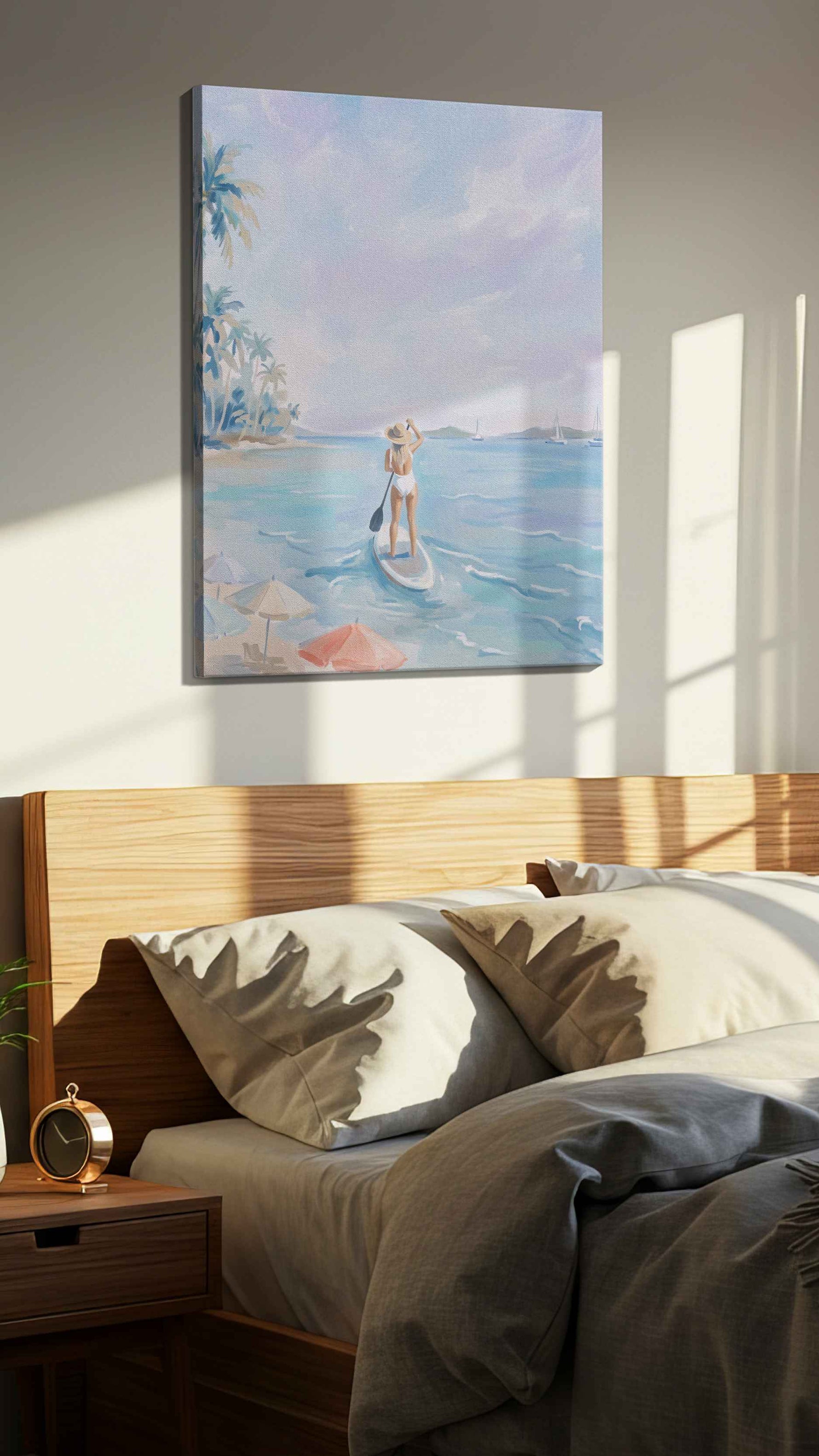 Pastel Tide Reverie beach canvas print, displayed in a bedroom