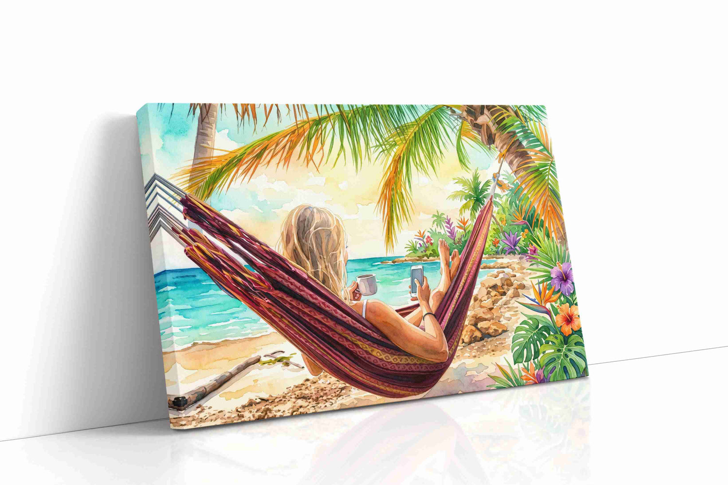 Sunlit Hammock Reverie beach canvas print, gallery-wrapped, ready to hang