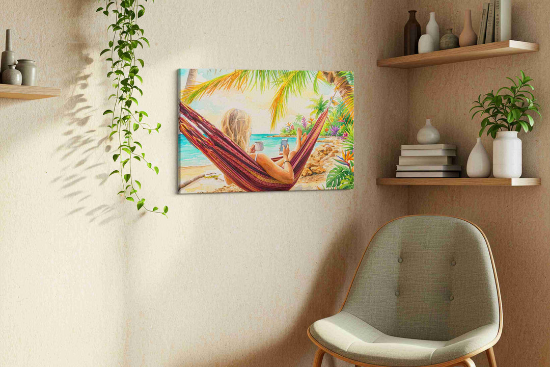 Sunlit Hammock Reverie - Beach Wall Art, Coastal Canvas Print, Tropical Decor