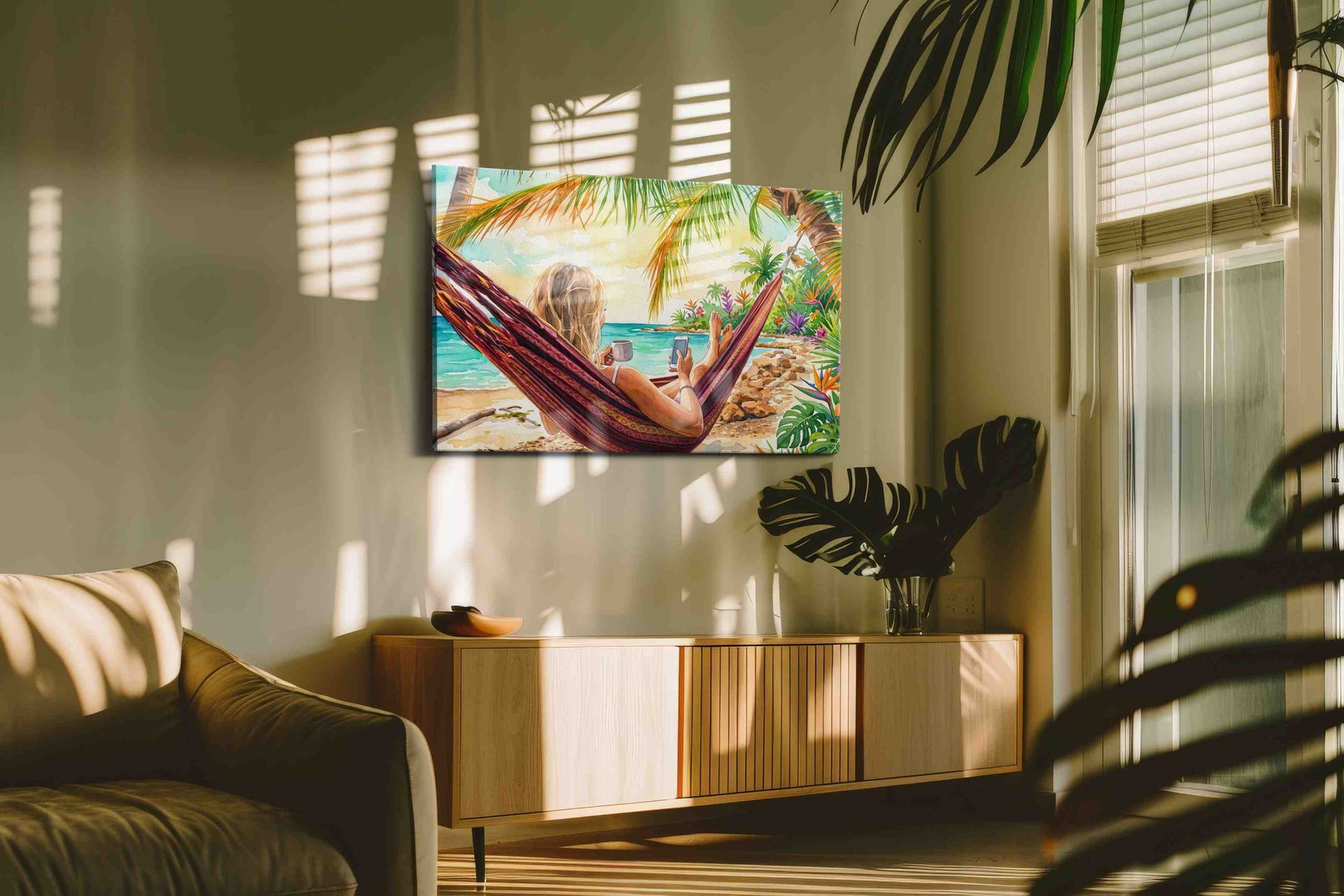 Sunlit Hammock Reverie beach canvas print, on wall, lifestyle preview
