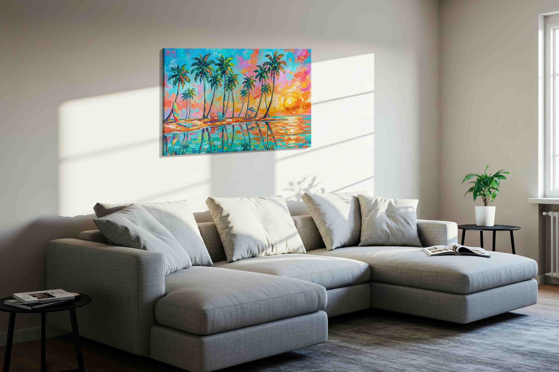 Sunset Palms Reverie beach canvas print, displayed in a living room