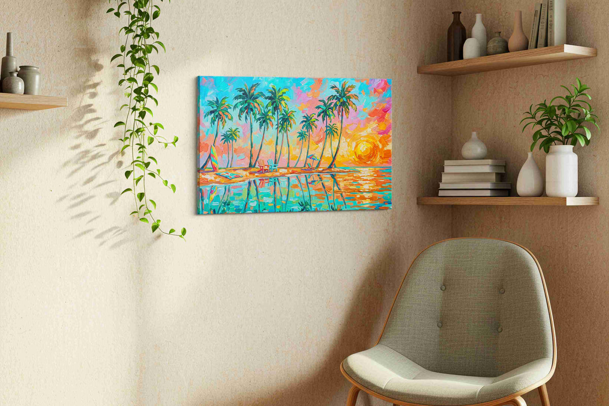 Sunset Palms Reverie beach canvas print in a living room scene