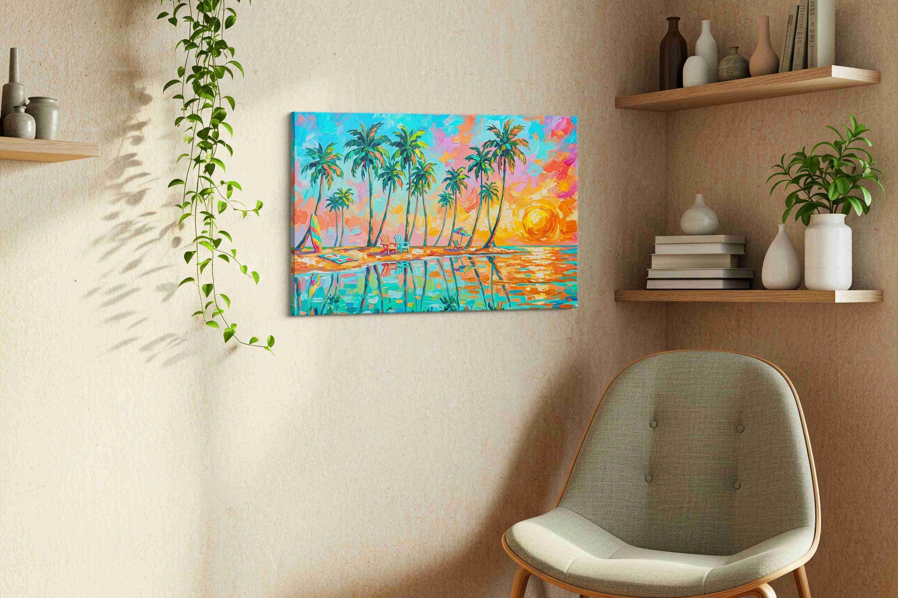 Sunset Palms Reverie beach canvas print in a living room scene