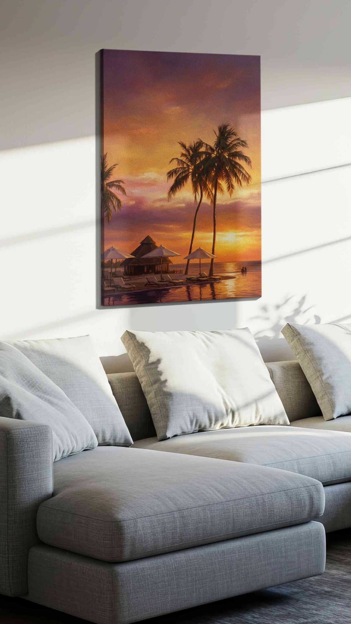 Violet Ember Paradise beach canvas print, displayed in a living room