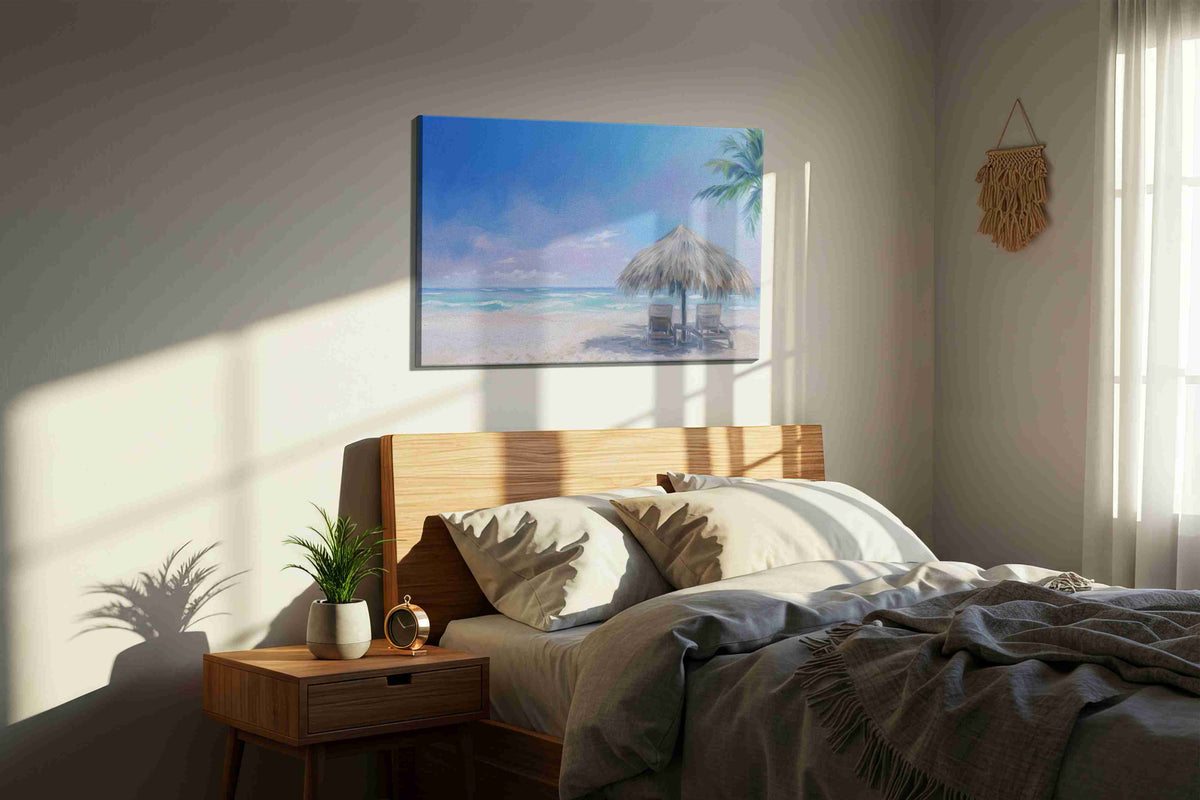 Whisper of the Tidal Palms beach canvas print, displayed in a bedroom