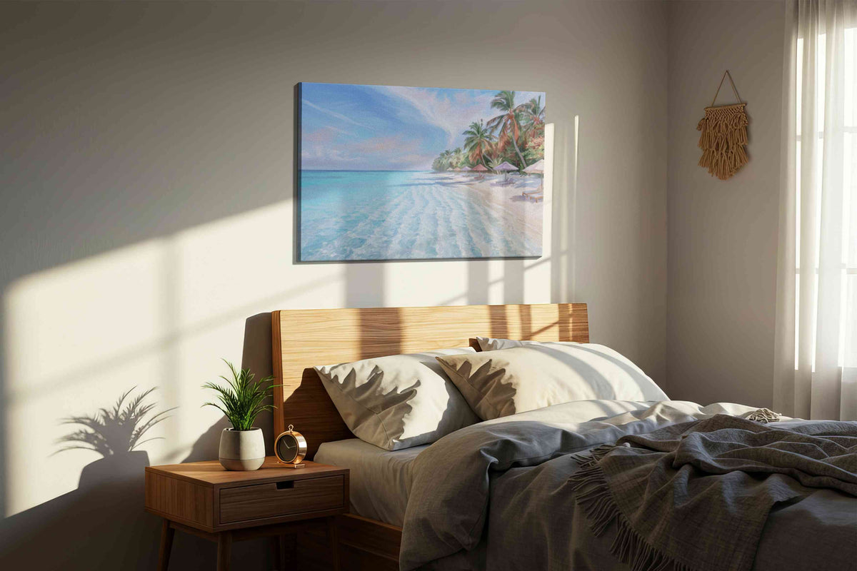 Whispers of Turquoise Tide beach canvas print, displayed in a bedroom
