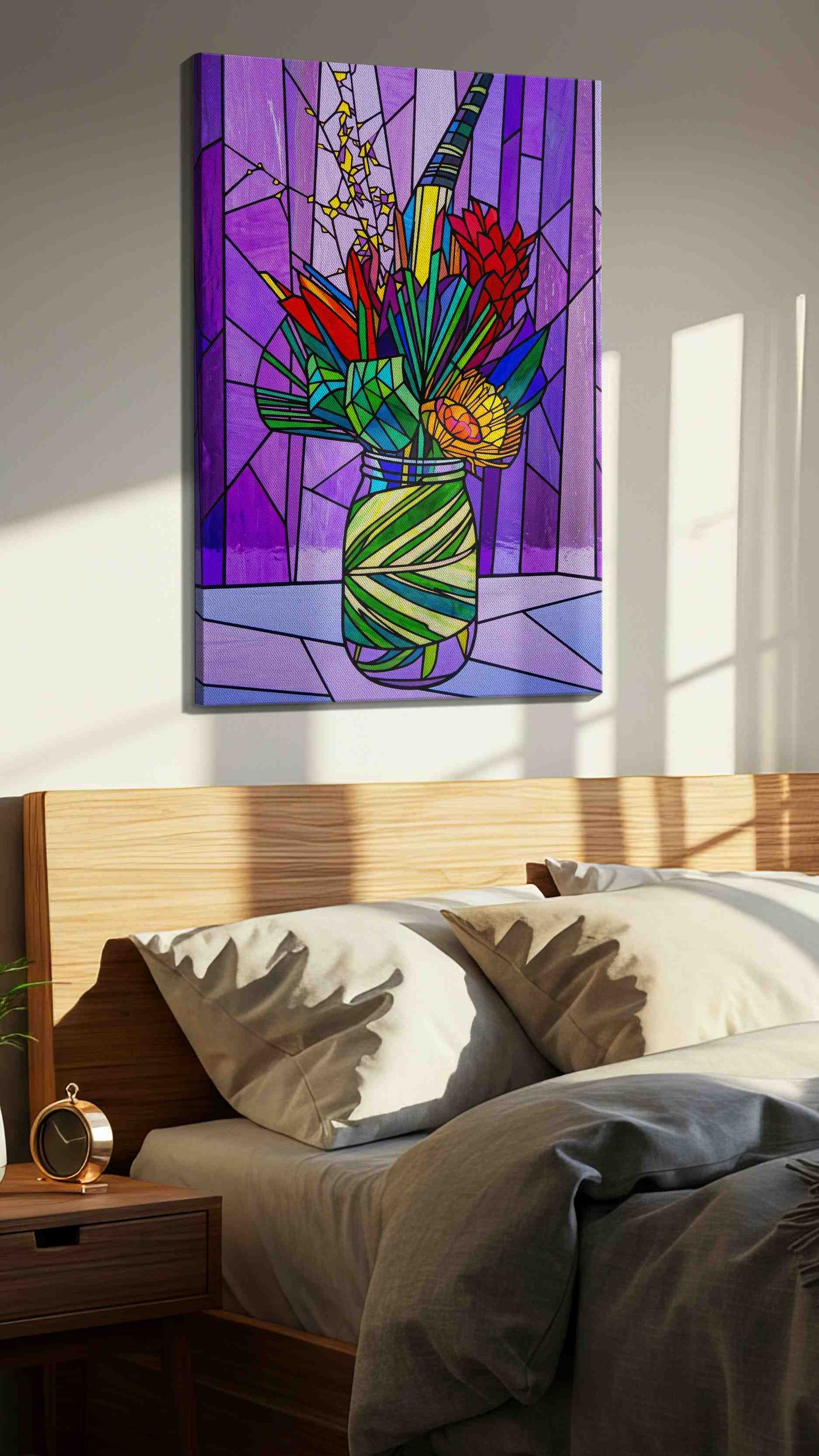 Amethyst Garden Mosaic floral canvas print, displayed in a bedroom