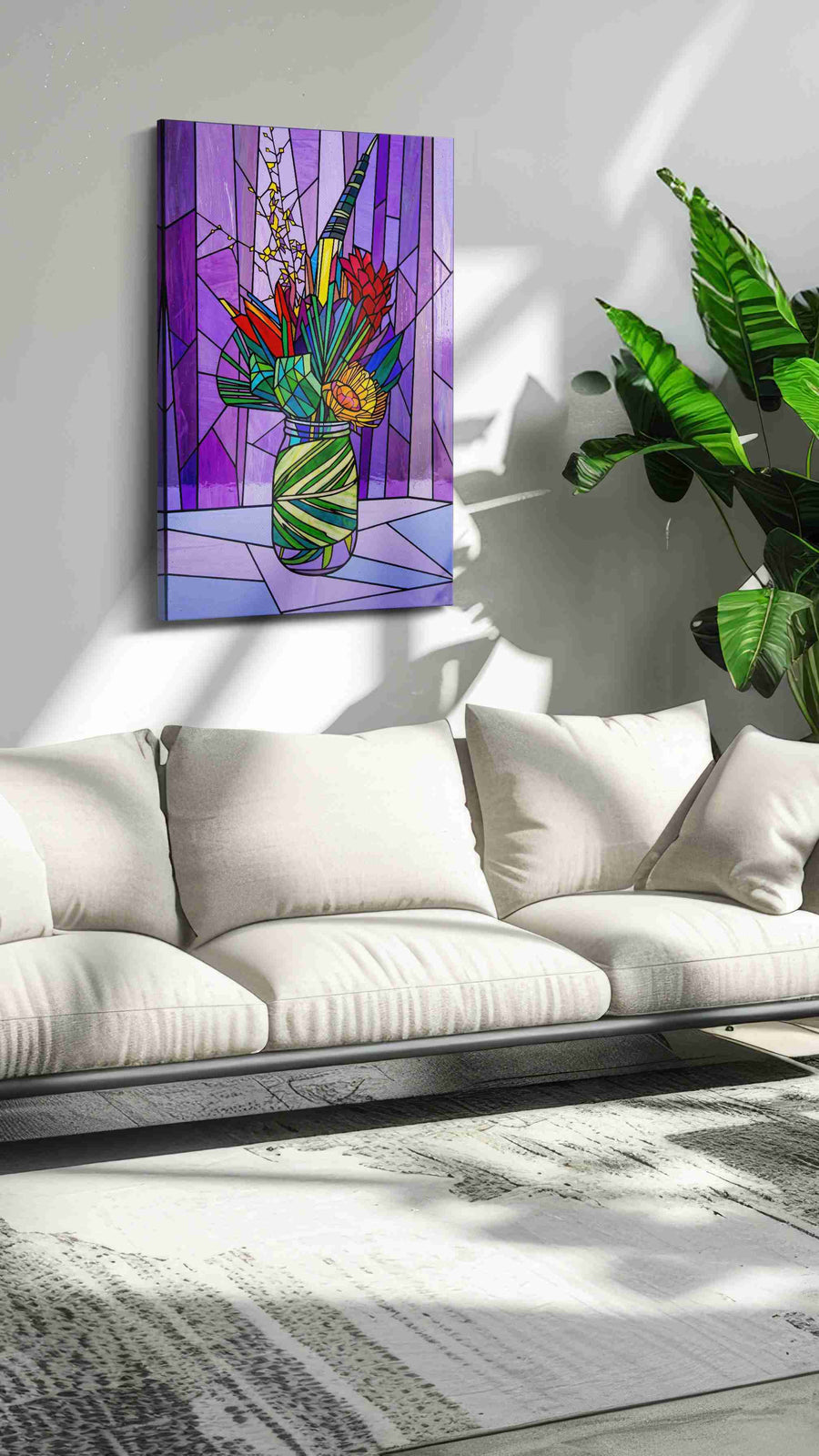 Amethyst Garden Mosaic floral canvas print in a modern interior mockup