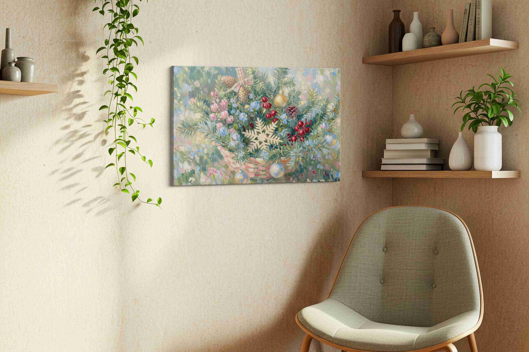 Blushlight Winter Wreath floral canvas print, displayed in a living room