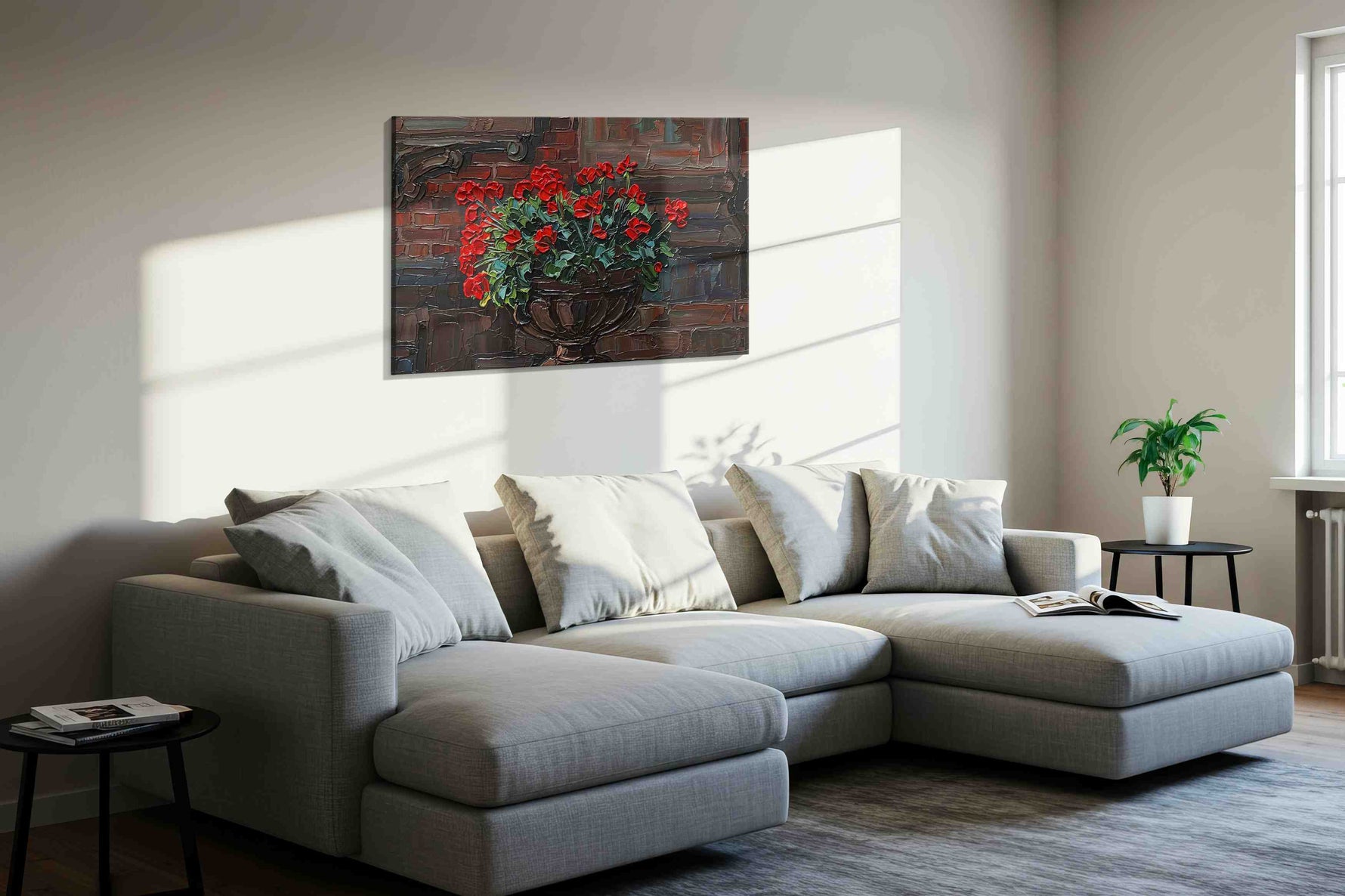 Crimson Blossoms on Brick floral canvas print in a living room scene