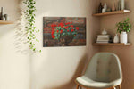 Crimson Blossoms on Brick floral canvas print, displayed in a living room