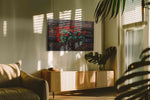 Crimson Blossoms on Brick floral canvas print, on wall, lifestyle preview