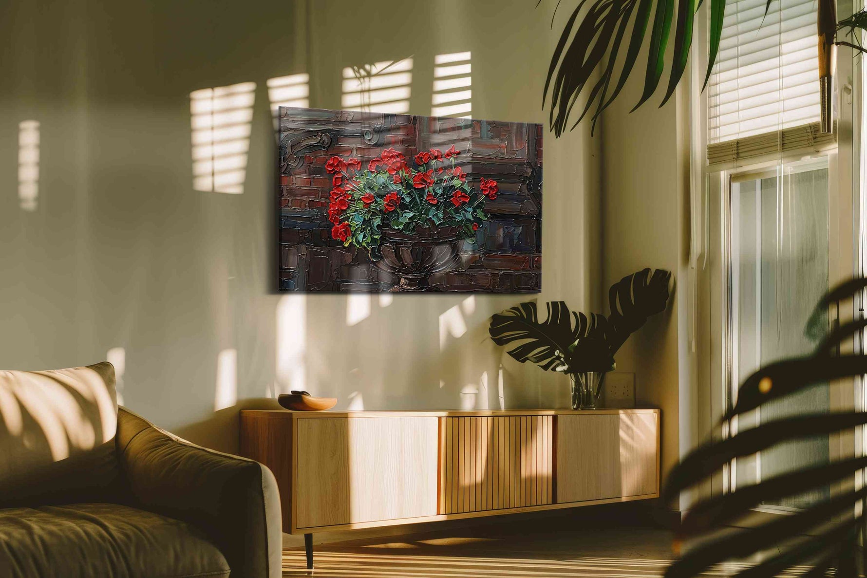 Crimson Blossoms on Brick floral canvas print, on wall, lifestyle preview