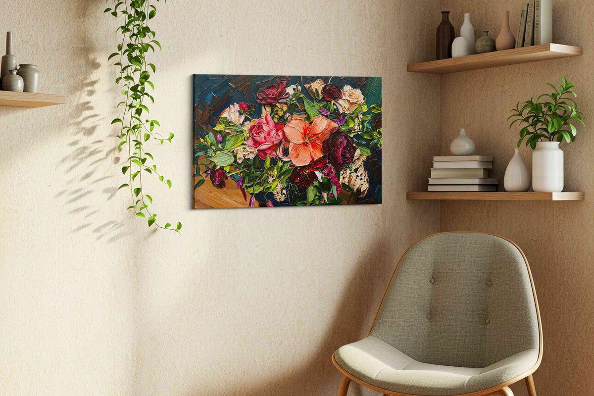 Midnight Bouquet Reverie floral canvas print, displayed in a living room