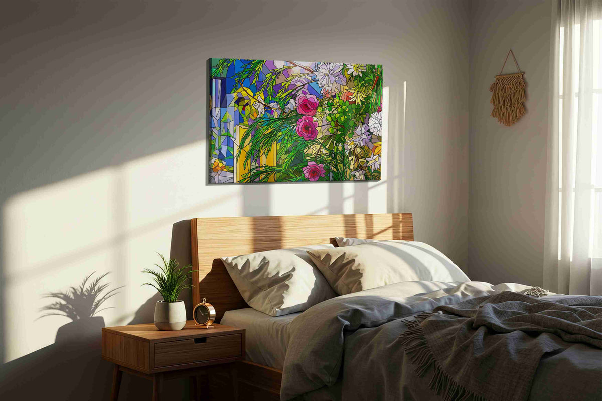 Roseglass Reverie floral canvas print, displayed in a bedroom