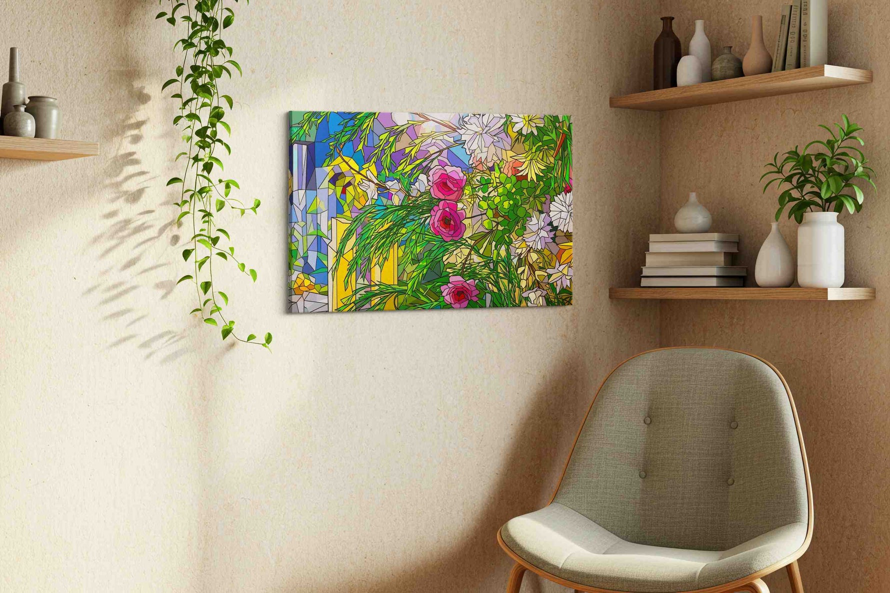 Roseglass Reverie floral canvas print, displayed in a living room