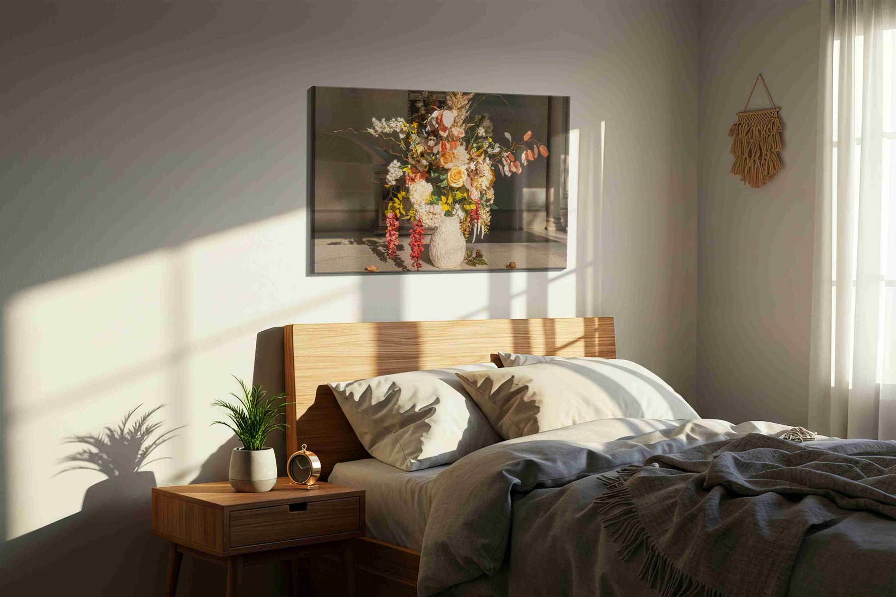 Sunlit Whispers of Petals floral canvas print, displayed in a bedroom