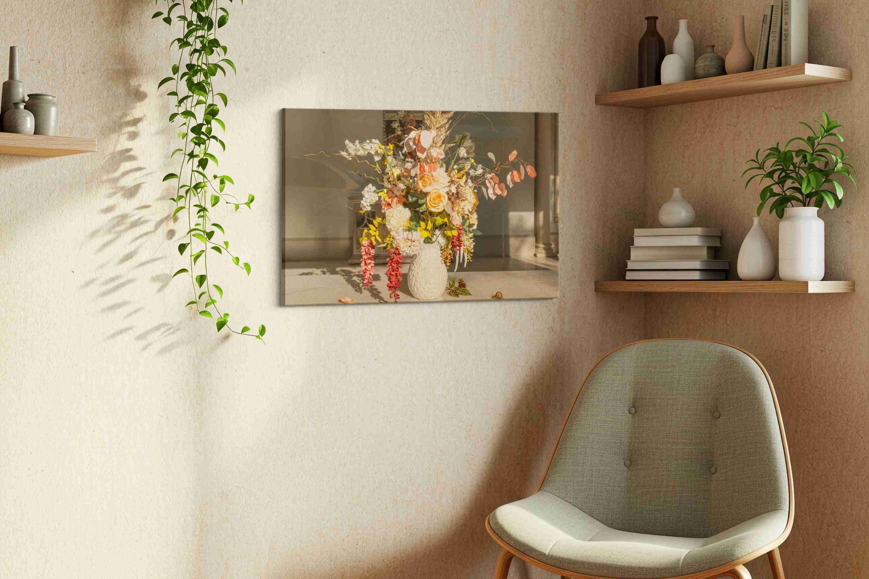 Sunlit Whispers of Petals floral canvas print styled in a living room