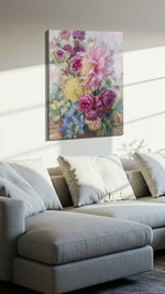 Whispered Petals at Dawn floral canvas print, displayed in a living room