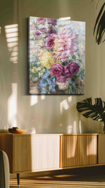 Whispered Petals at Dawn floral canvas print, on wall, lifestyle preview