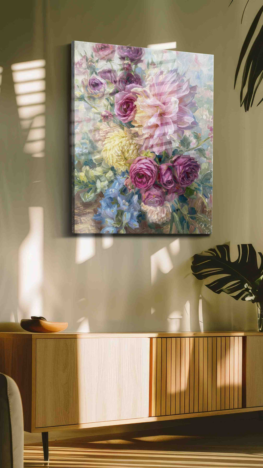 Whispered Petals at Dawn floral canvas print, on wall, lifestyle preview