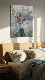 Whisperlight Garden Bouquet floral canvas print, displayed in a bedroom